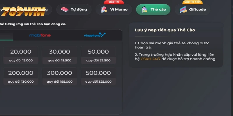 Nạp tiền vào acc cá cược 789WIN bằng thẻ cào di động Nạp tiền vào acc cá cược 789WIN bằng thẻ cào di động